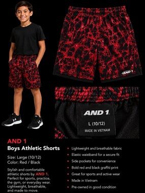 And1 Red & Black Graffiti Print Athletic Shorts